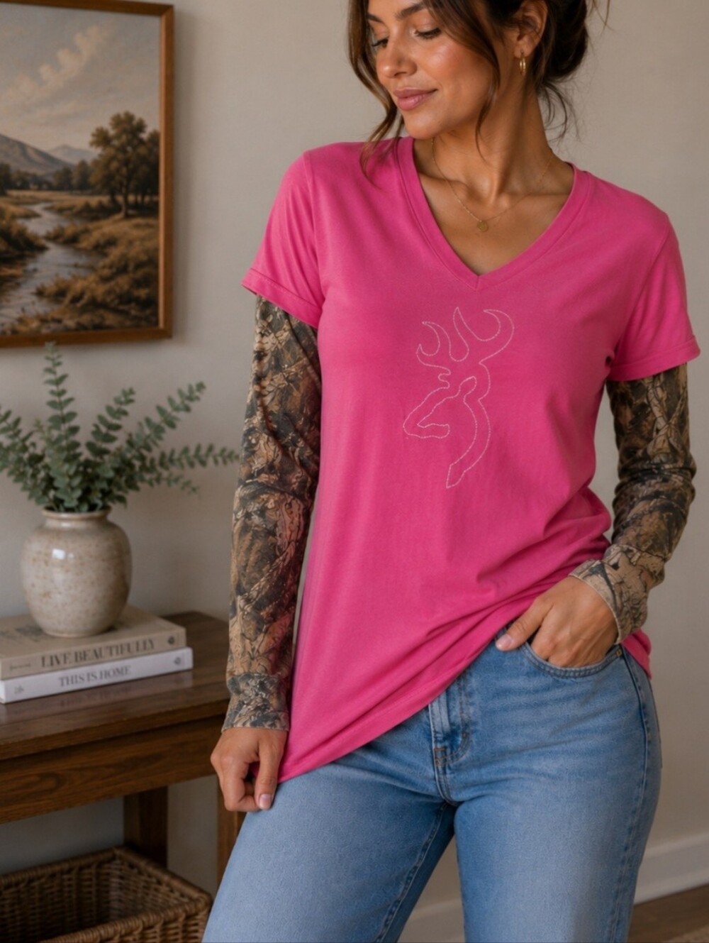 Browning Pink Long Sleeve Women's Tee with Camouflage Accents